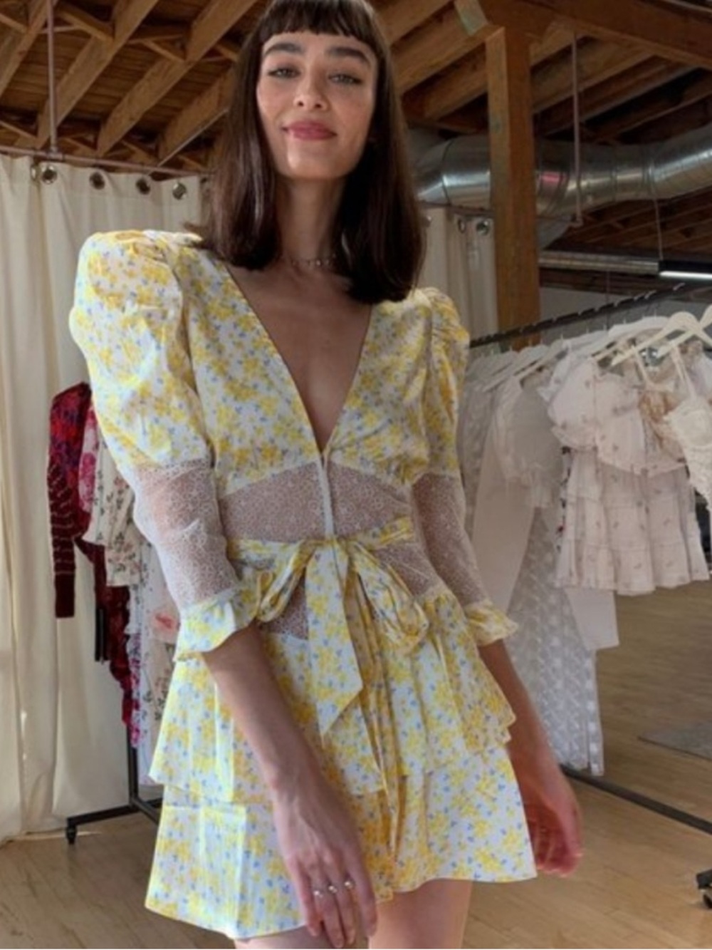 NWT For Love and Lemons Yellow Floral Daffodil Lace Robe Dress L - Picture 16 of 16